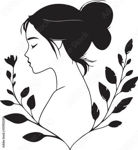 Elegant Woman Silhouette with Floral Frame Minimalist Design for Beauty Fashion Spa Wellness and Natural Products Branding and Logo Creation Black and White