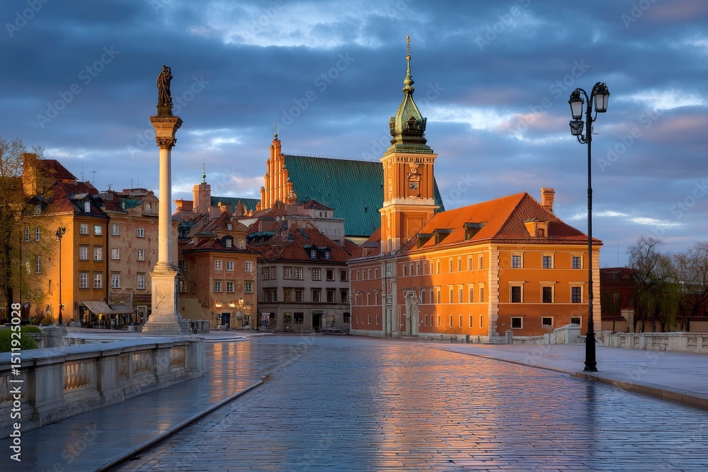 Fototapeta premium European city square glows with warm light as dawn breaks, highlighting architecture and stone