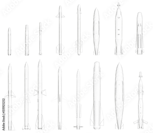 A series of rocket designs are shown in a line, with the first rocket being the shortest and the last rocket being the tallest