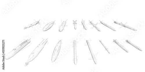A series of rocket designs are shown in a line, with the first rocket being the shortest and the last rocket being the tallest. Front view