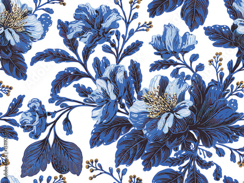 Vibrant Blue Floral Pattern with Golden Accents