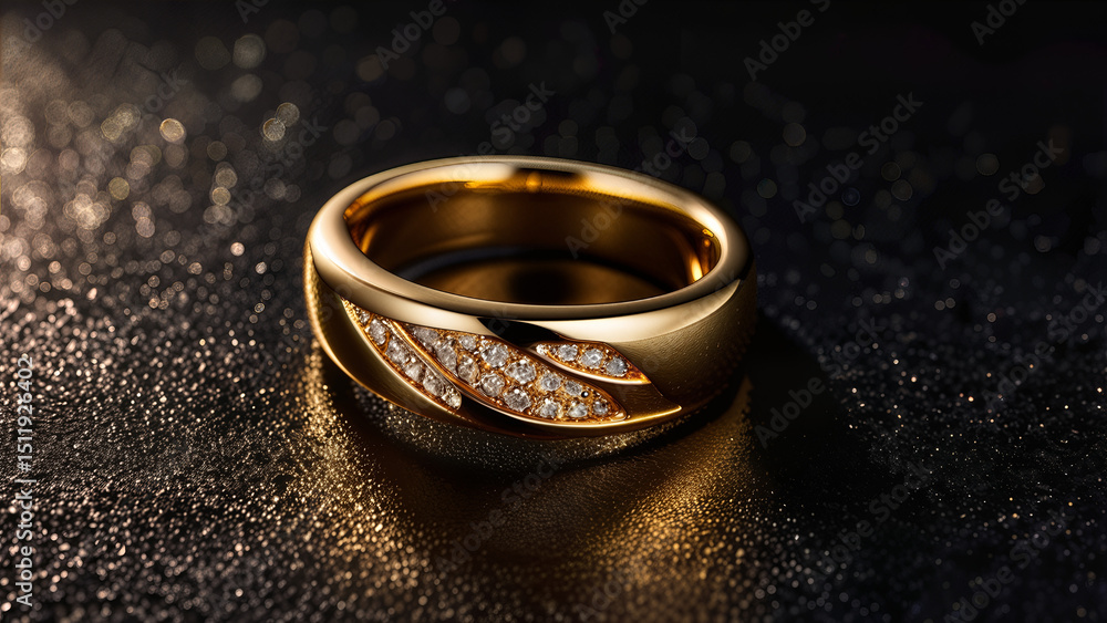 A glowing gold ring studded with white gems set against a dark background. A glowing gold ring studded with white gems set against a dark background.