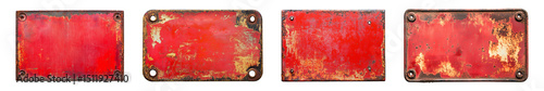 Several red metal plates reveal texture, corrosion, and aged surface marks on transparent background