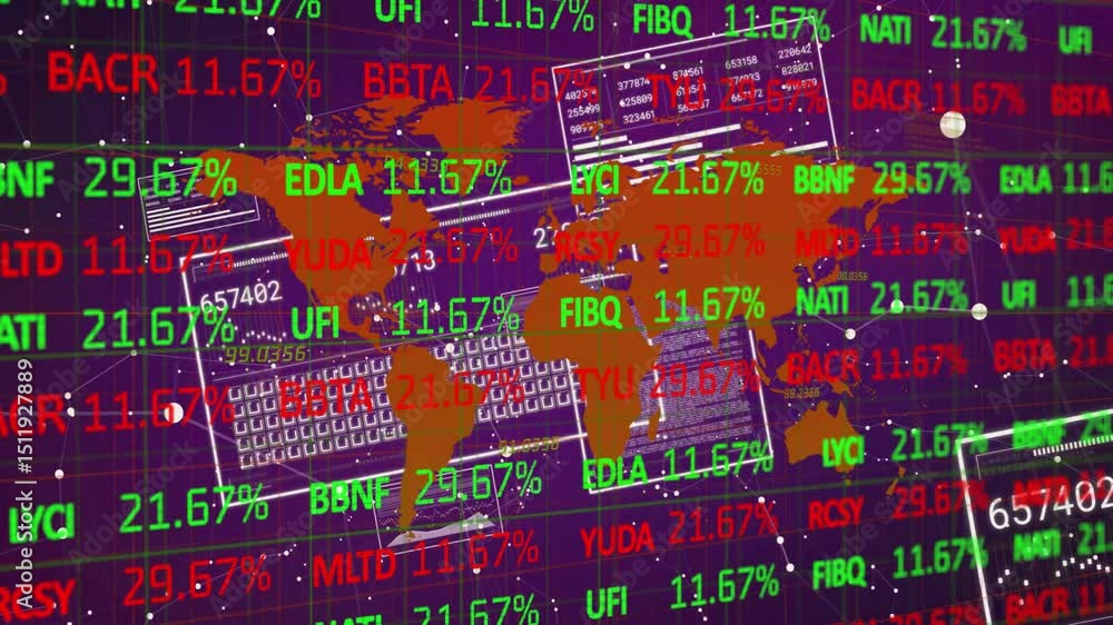On start orange world map updating tickers rotating outline animating nodes visualizing trends On start orange world map updating tickers rotating outline animating nodes visualizing trends