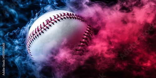 White baseball ball in multi colored red smoke from a vape on a black isolated background. Baseball balls flying in water drops and splashes isolated on a black background

