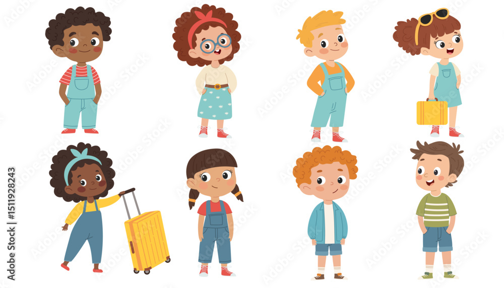 Girls and boys, children of different nationalities in summer clothes. Children are ready to travel.Vector illustration in children's style isolated on white background Girls and boys, children of different nationalities in summer clothes. Children are ready to travel.Vector illustration in children's style isolated on white background