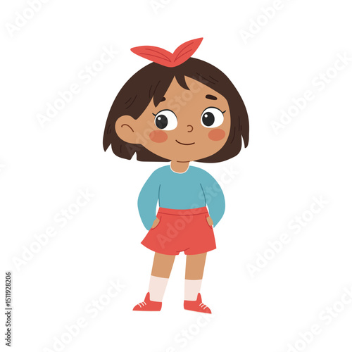 Cute dark-skinned girl in shorts. Summer vacation.  Children's illustration on white background