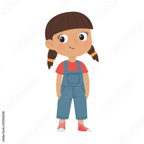 Cute little girl in overalls and sneakers. Cartoon vector illustration
