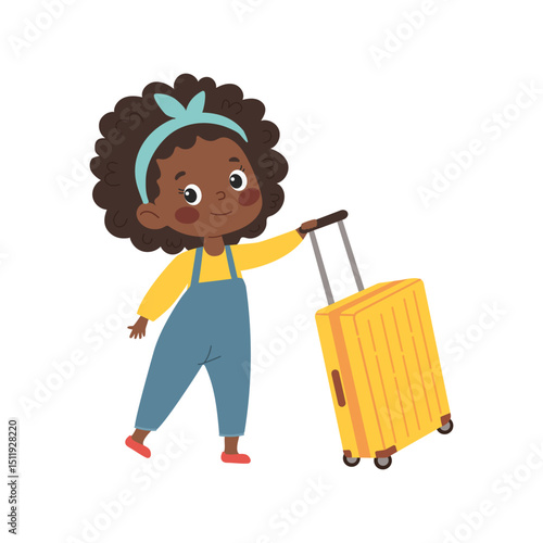 Cute dark skinned girl with suitcase. Summer vacation.  Children's illustration on white background