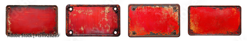Four aged red metal plates featuring rust and bolt details are displayed on transparent background