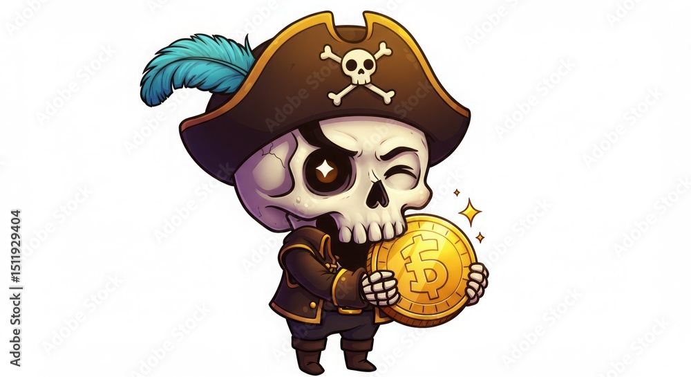 Adorable Pirate Skull Character Munching on Bitcoin Adorable Pirate Skull Character Munching on Bitcoin