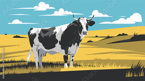 Majestic Cow in a Serene Golden Meadow Landscape