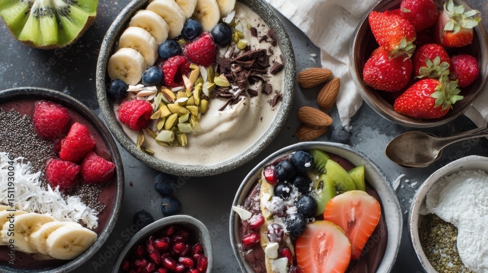 Colorful smoothie bowls topped with fresh fruits, nuts, and seeds, perfect for a healthy breakfast or snack. Colorful smoothie bowls topped with fresh fruits, nuts, and seeds, perfect for a healthy breakfast or snack.