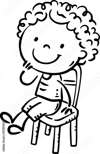 Cute little girl sitting on chair. Isolated black and white illustration, cartoon character