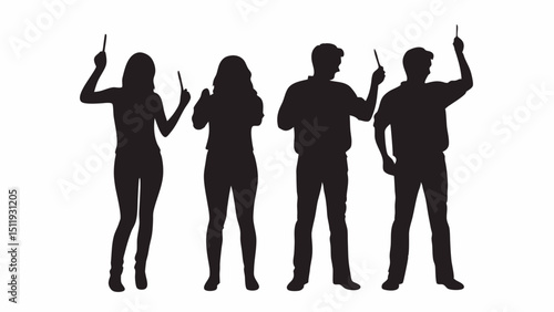 Silhouettes of four people standing and pointing upwards with objects held in their hands looking up high