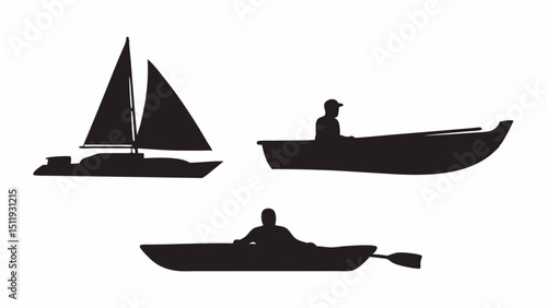 Silhouettes of a sailboat, a rowboat with a person, and a kayak with a paddle and person in it