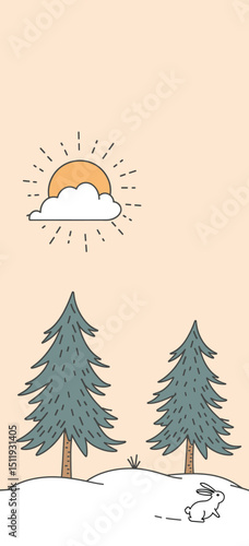 Tranquil Winter Scene with Pine Trees and Rabbit