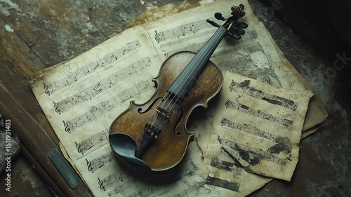 A classic violin lying on weathered sheet music, exuding a nostalgic charm