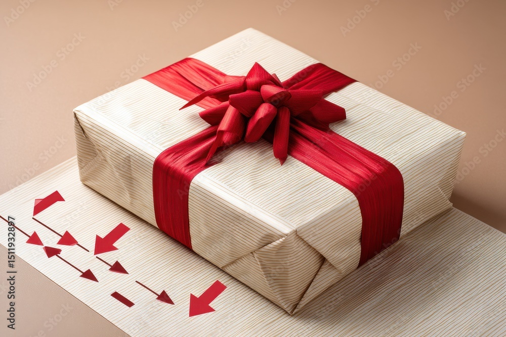 Obraz premium A visual guide with arrows showing how to wrap a gift from unrolled paper to finished bow on top