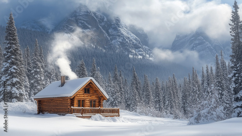 A cozy log cabin nestled in a snowy mountain landscape with smoke curling up