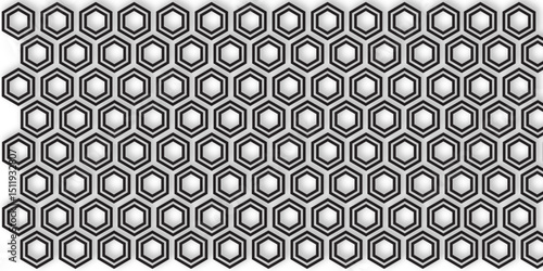 A repeating pattern of closely packed white hexagons, each outlined with multiple concentric gray and black lines, creating an optical illusion of depth and a textured, almost woven appearance.