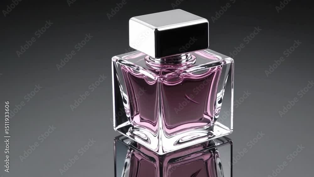 Elegant perfume fragrance bottle with simple glass design, purple liquid, modern style, luxury feel, and reflective surface Elegant perfume fragrance bottle with simple glass design, purple liquid, modern style, luxury feel, and reflective surface
