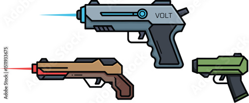 Futuristic Laser Guns Collection – Sci-Fi Weapon Set with Colorful Beams, Modern Design, Vector Illustration for Games and Animation Projects