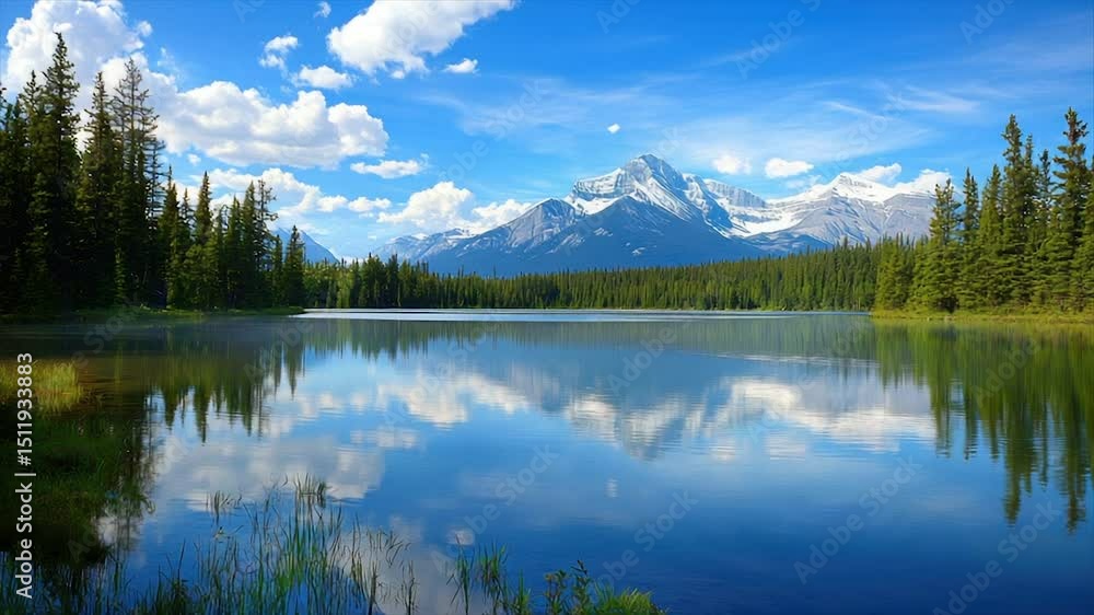 Serene mountain lake reflecting a vibrant sky. Lush forest borders the tranquil water, showcasing a tranquil mountain backdrop Serene mountain lake reflecting a vibrant sky. Lush forest borders the tranquil water, showcasing a tranquil mountain backdrop