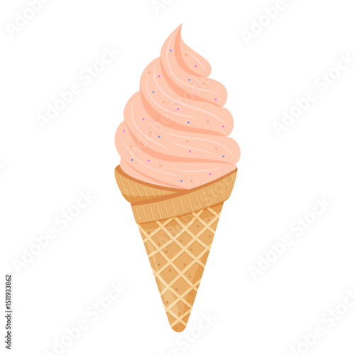  ice cream in a waffle cone with a pink swirl and sprinkles