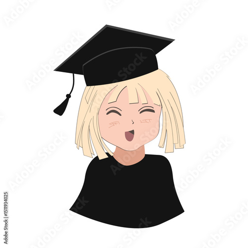 Happy cute little kid girl or boy graduate from school. Smiling kindergarten kid in graduate hat. Vector icon illustration