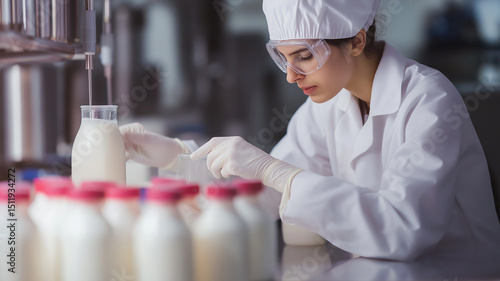 A food scientist analyzing dairy milk samples in a laboratory setting 