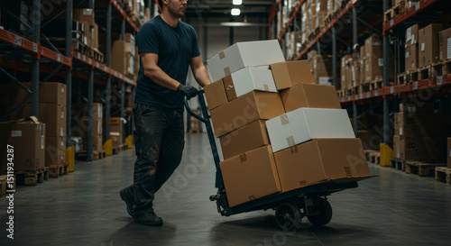 Warehouse Worker Moving Boxes on a Hand Truck