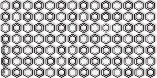 A repeating pattern of closely packed white hexagons, each outlined with multiple concentric gray and black lines, creating an optical illusion of depth and a textured, almost woven appearance.