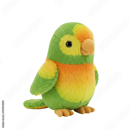 Cute plush toy parrot mango fruit hybrid character with green orange and yellow fur isolated design