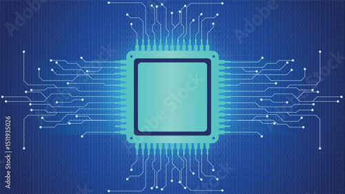 Futuristic digital background featuring a glowing microchip at the center with abstract circuitry lines and binary code overlay. High tech electronics concept for technology themes.