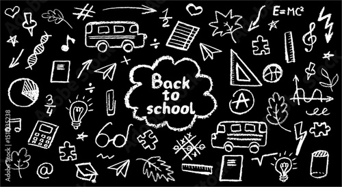 Charcoal school doodles on blackboard background. Fun hand-drawn icons for back to school themes. Cute childish education white pastel or wax pencil signs. Grunge vector illustration classroom symbols