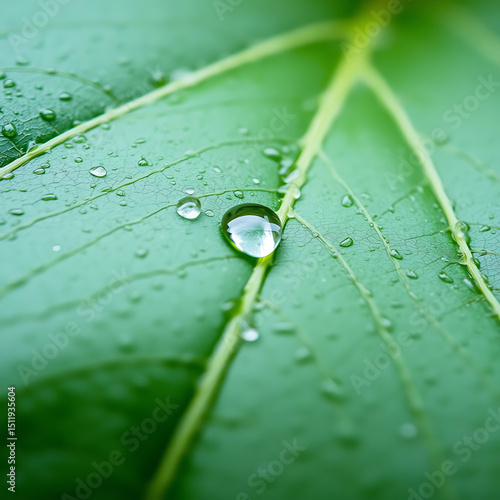 Fresh Leaf Surface – Macro Shot of Water Droplets on Leaf Veins, High Contrast Nature Texture