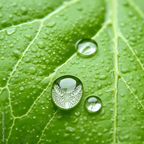 Fresh Leaf Surface – Macro Shot of Water Droplets on Leaf Veins, High Contrast Nature Texture