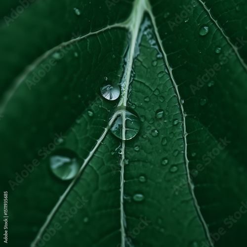 Fresh Leaf Surface – Macro Shot of Water Droplets on Leaf Veins, High Contrast Nature Texture