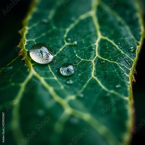 Fresh Leaf Surface – Macro Shot of Water Droplets on Leaf Veins, High Contrast Nature Texture