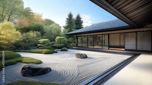 A peaceful Japanese Zen garden featuring artfully arranged sand patterns and rocks