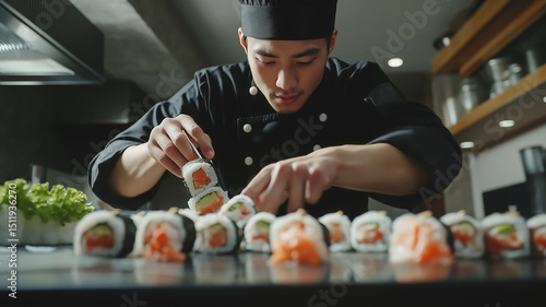A professional chef skillfully making sushi rolls in a contemporary kitchen