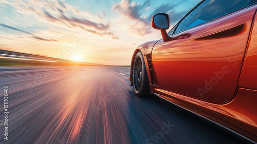 A sleek high-performance sports car racing along an empty highway at sunset