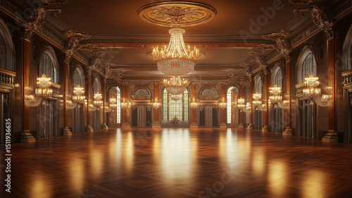 A stunning ballroom featuring ornate chandeliers and gleaming wooden flooring 