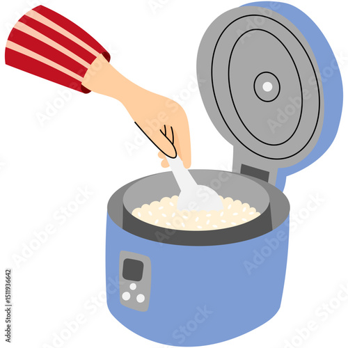 Hand stirring rice in electric rice cooker. Person using a spoon to stir freshly cooked rice in a modern electric rice cooker with an open lid.  