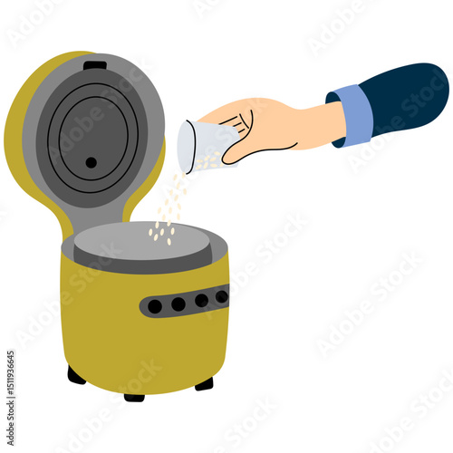 Pouring rice into electric rice cooker. Hand pouring uncooked rice from a cup into an open electric rice cooker, representing meal preparation and cooking.  