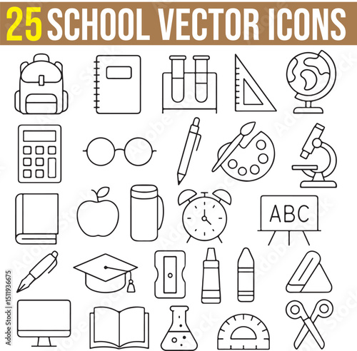 School Education Line Vector Icons with Editable Stroke, First Day of School, calculator, school bag, earth map, clock, pencil, pen, Academic subjects, education, and success.