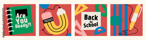 Set of Back to school cards. Flat style education icons, symbols, doodles on red square background. Art collage, papers, hand drawn fun design elements. Bright colorful school subjects concept.