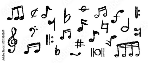 Charcoal scribble vector of handwritten pop music notes and symbols. Grungy doodle style for creative designs, posters, and album art. Cute childish music school black pastel or wax pencil signs