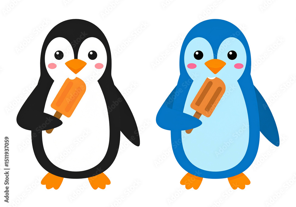 Naklejka premium アイスキャンディーを食べるペンギンのイラストセット素材